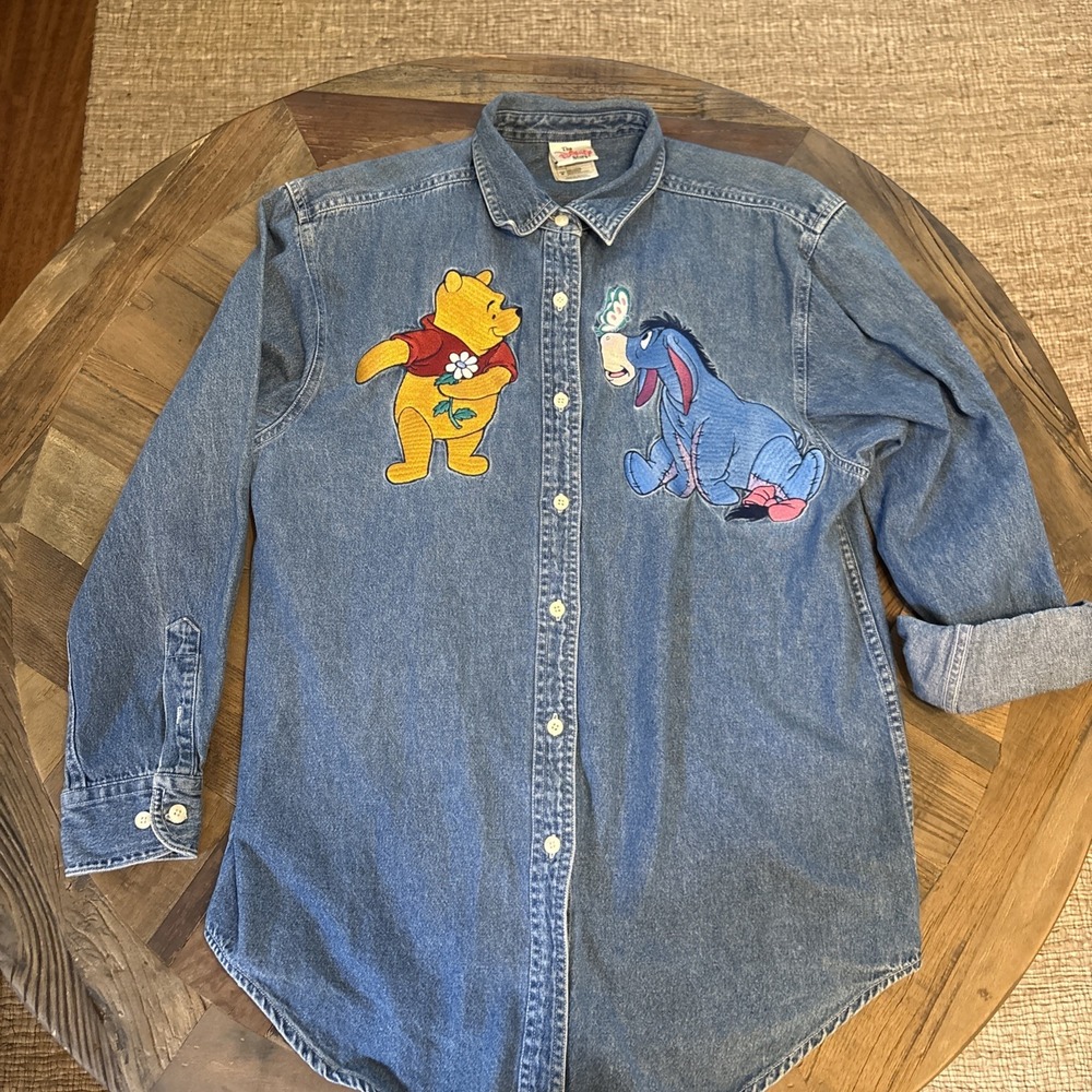 Disney Store Shirt Winnie The Pooh Eeyore Embroidered Jean Denim M Long Sleeve
